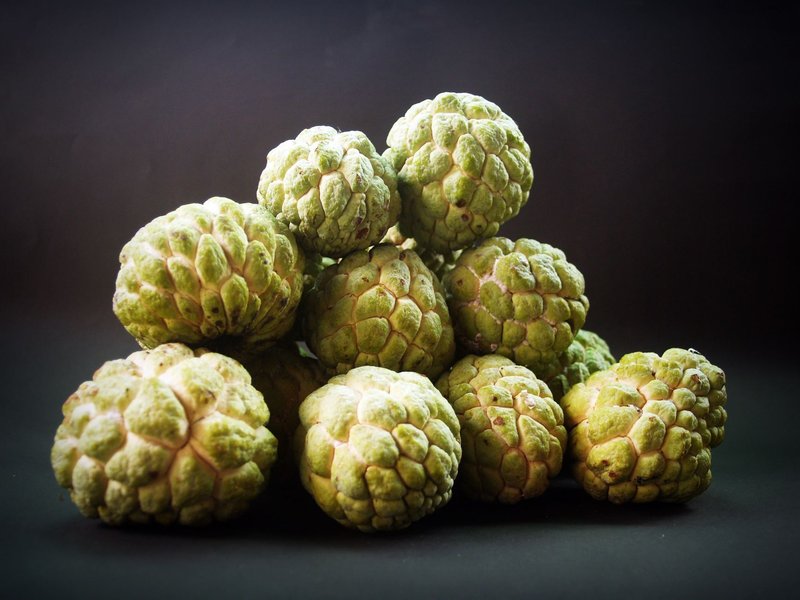 Bright green custard apples displayed against a dark background.