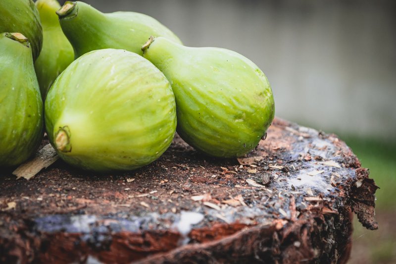 Vibrant green figs placed on a textured tree stump, highlighting nature's bounty.