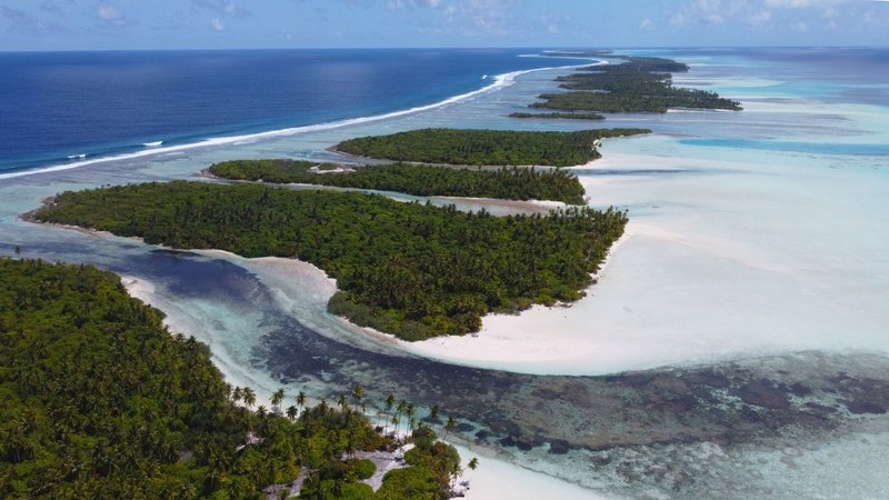 Captivating aerial view of a lush tropical island surrounded by turquoise waters in the Maldives.